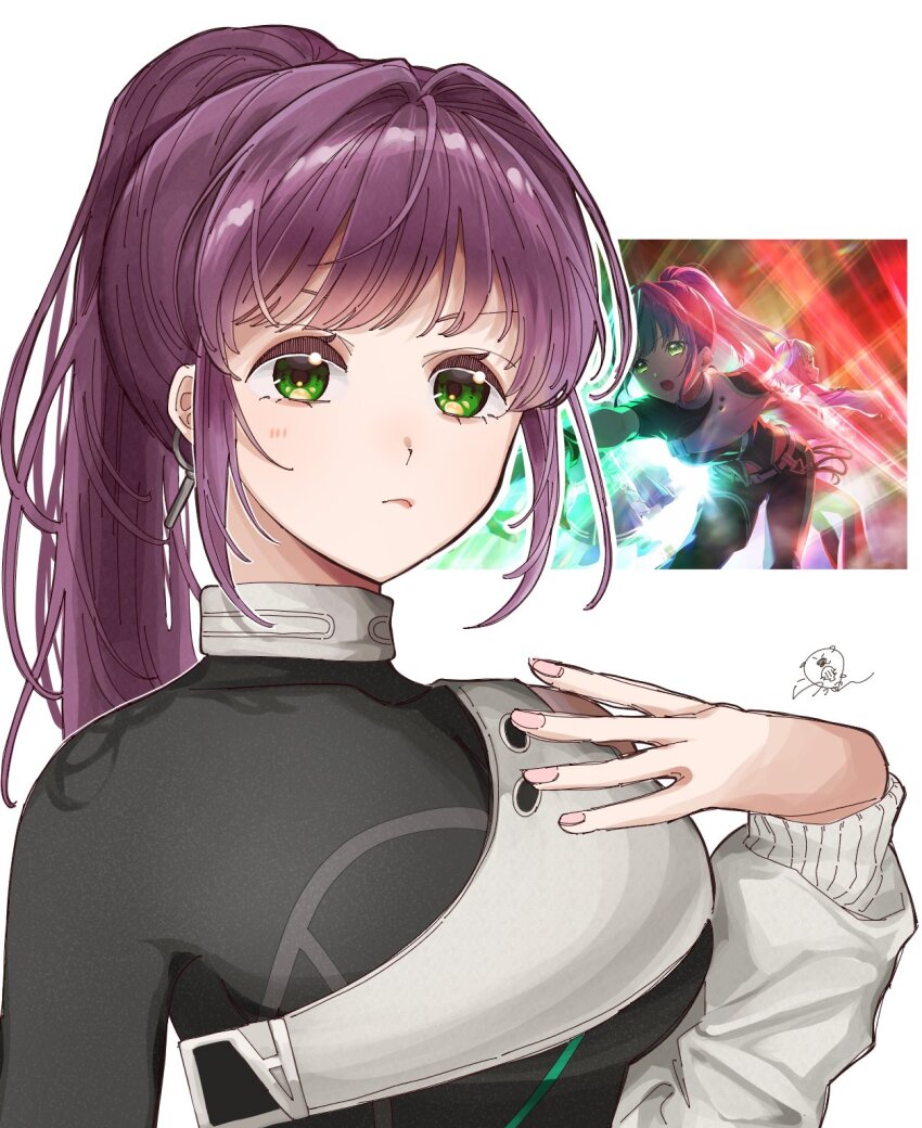 1girl, black_shirt, breasts, closed_mouth, commentary, deepness_(love_live!), earrings, frown