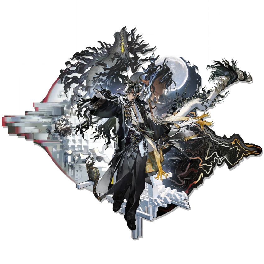 1boy, absurdly_long_tail, absurdres, arknights, bead_bracelet, beads, belt, black_belt