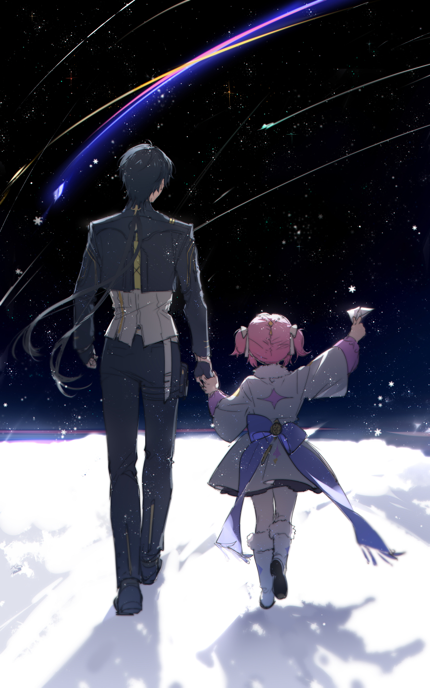 1boy, 1girl, absurdres, adoptive_parent_and_adoptive_child, aemeath_(wuthering_waves), aemeath_(young)_(wuthering_waves), aged_down, black_gloves