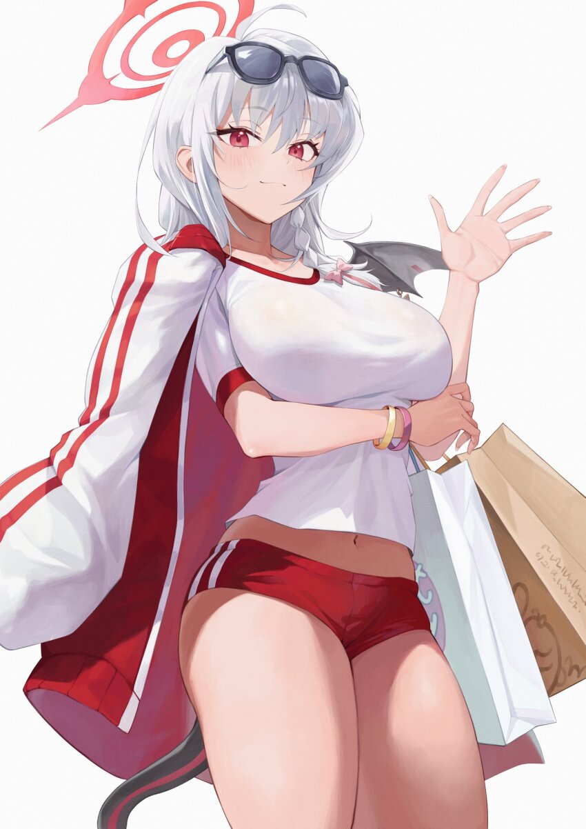 1girl, arm_under_breasts, black_tail, blue_archive, bow, braid, breasts, buruma