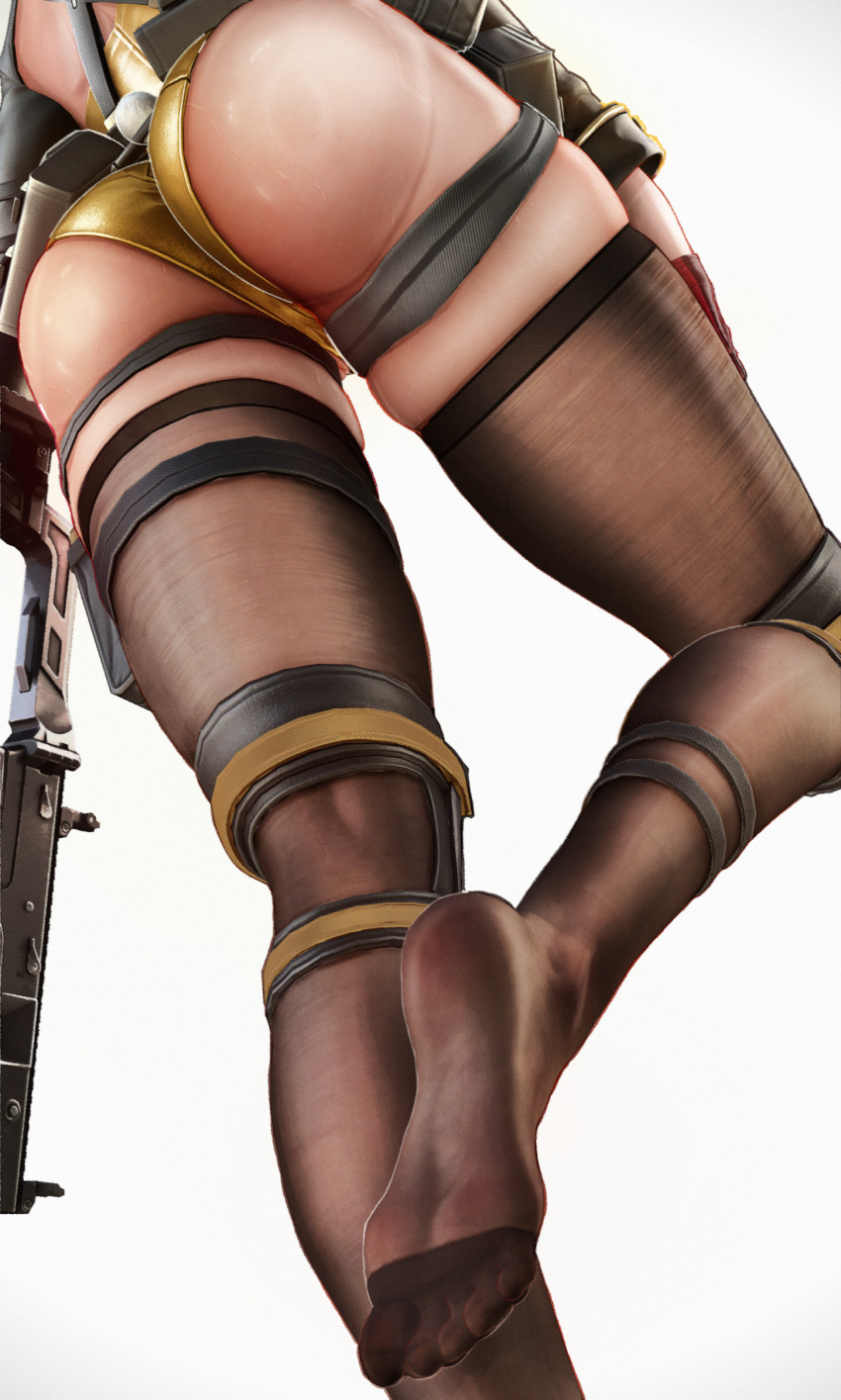 1girl, 3d, absurdres, ass, atla_762, feet, from_behind, girls'_frontline, girls'_frontline_2:_exilium, gun, head_out_of_frame, highres, legs, leotard, lower_body, pantyhose, playboy_bunny, shiny_skin, simple_background, solo, standing, sweat, thigh_strap, thighhighs, thighs, vector_(girls'_frontline), weapon