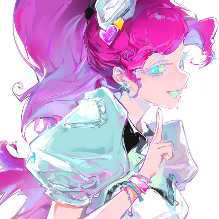 1girl, :d, absurdres, apron, backlighting, bare_arms, blue_eyes, blue_shirt