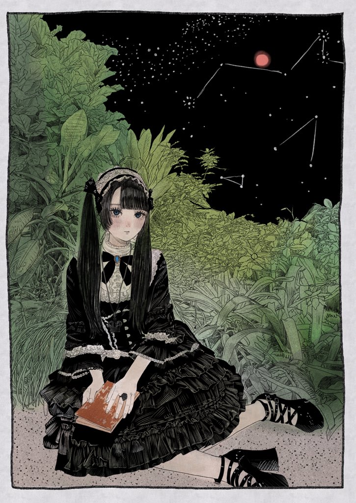 1girl, black_bow, black_bowtie, black_dress, black_hair, black_shoes, black_sky, blush