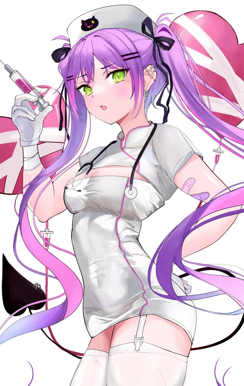 1girl, balloon, bandages, black_tail, breasts, cleavage, commentary_request, cowboy_shot, demon_girl, demon_tail, dress, ear_piercing, earrings, green_eyes, hashigo, hat, heart_balloon, highres, holding, holding_syringe, hololive, jewelry, medium_breasts, microdress, nurse, nurse_cap, piercing, purple_hair, simple_background, solo, syringe, tail, tokoyami_towa, virtual_youtuber, white_background, white_dress
