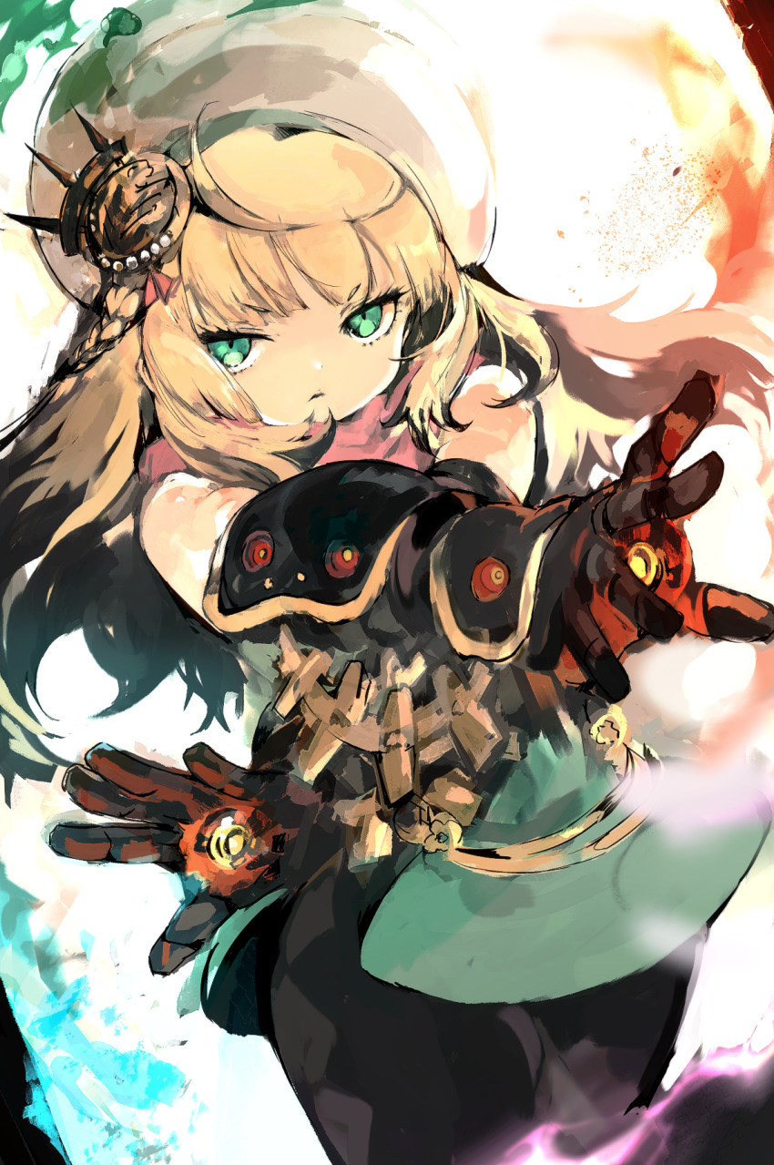 1girl, alchemist_(sekaiju), alchemist_5_(sekaiju), aqua_dress, black_pantyhose, blonde_hair, commentary_request, cryokinesis