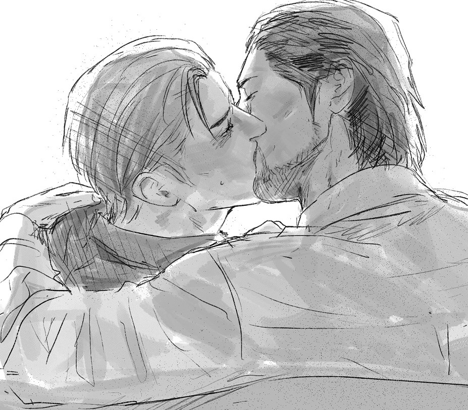 2boys, ahoge, arm_around_shoulder, beard, blush, closed_eyes, commentary_request, dojima_daigo, facial_hair, french_kiss, from_behind, greyscale, hair_slicked_back, kiss, male_focus, mine_yoshitaka, monochrome, multiple_boys, ryuu_ga_gotoku_(series), ryuu_ga_gotoku_3, tyag53, yaoi