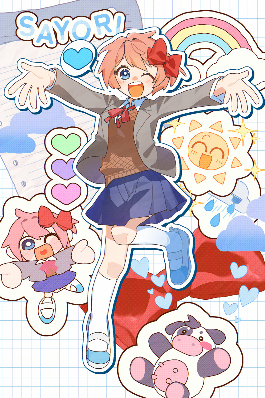 0tamt0, 1girl, absurdres, blue_eyes, blush, bow, bright_pupils, brown_sweater_vest