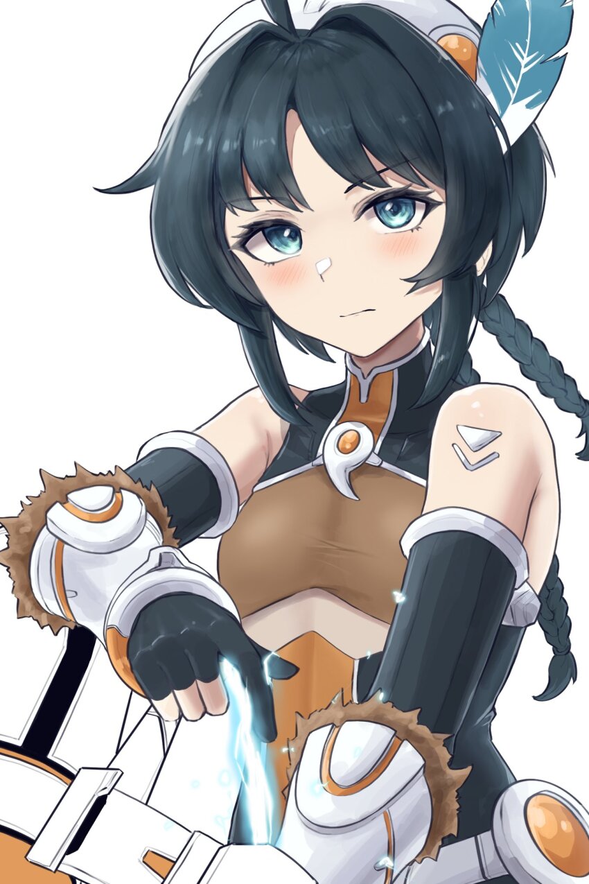 1girl, ahoge, archery_shooting_glove, bare_shoulders, black_hair, blue_eyes, bow_(weapon), braid