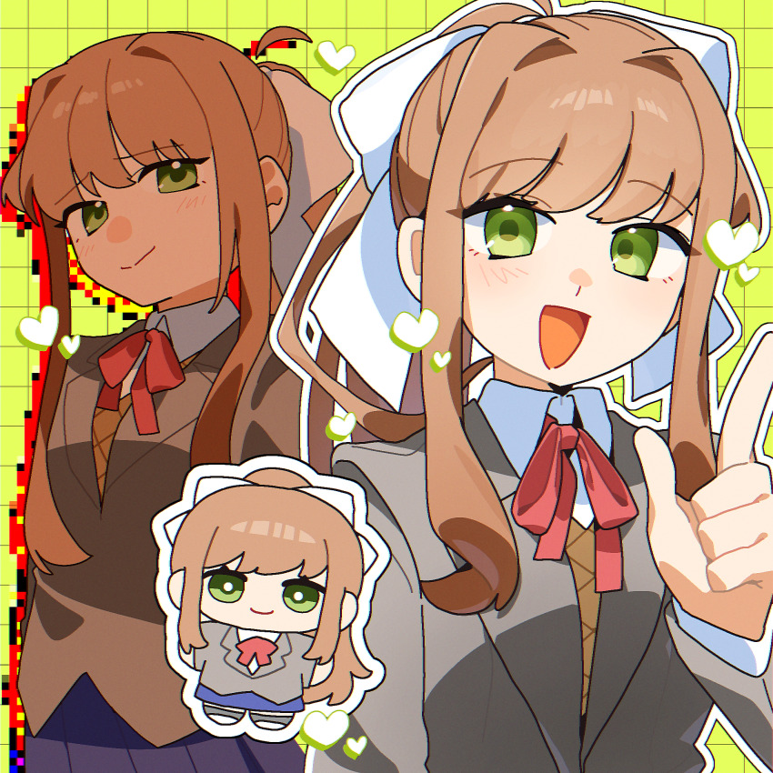 0tamt0, 1girl, ahoge, blazer, blue_skirt, bright_pupils, brown_hair, chibi