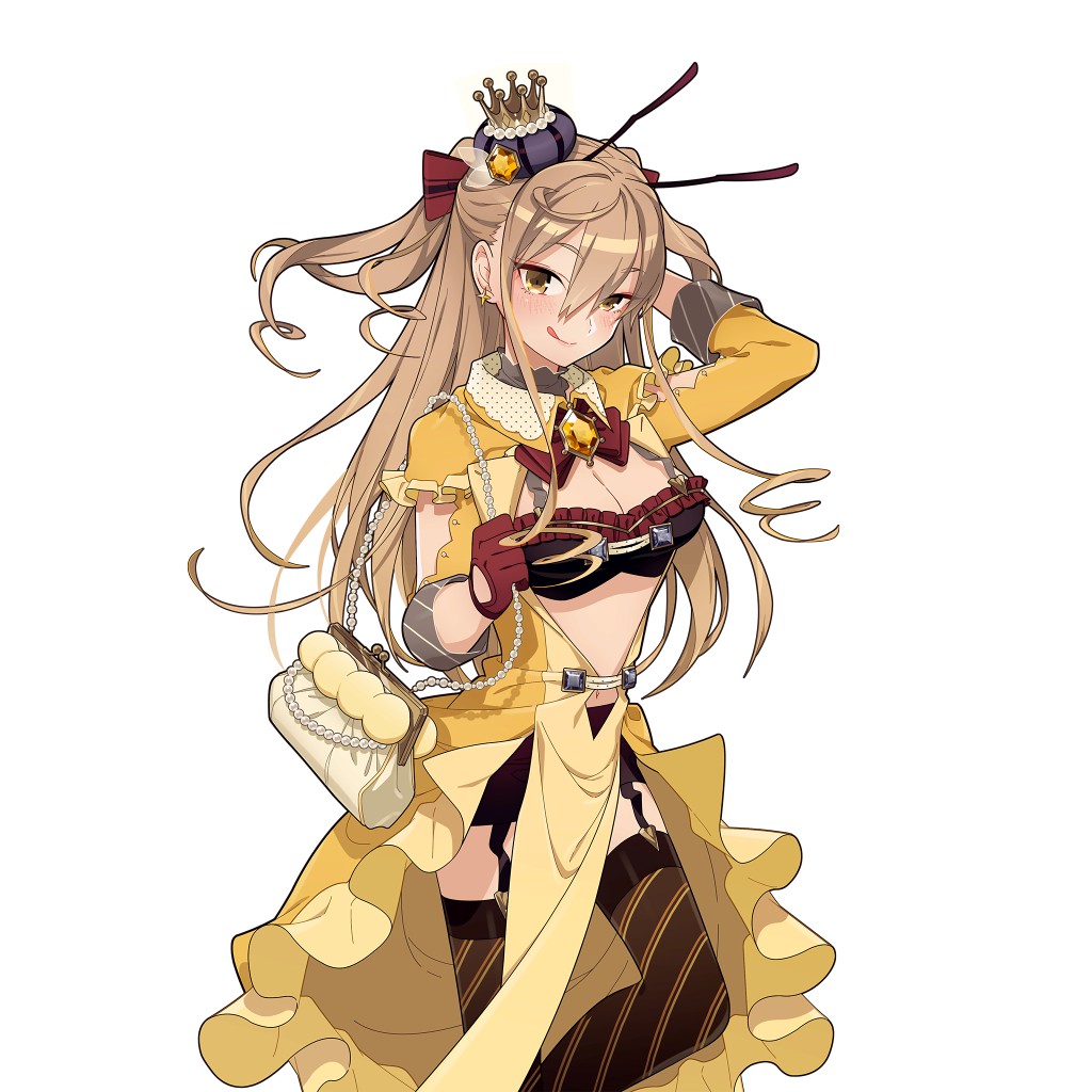 1girl, antennae, arm_behind_head, arm_cutout, bag, black_bra, bow, bowtie