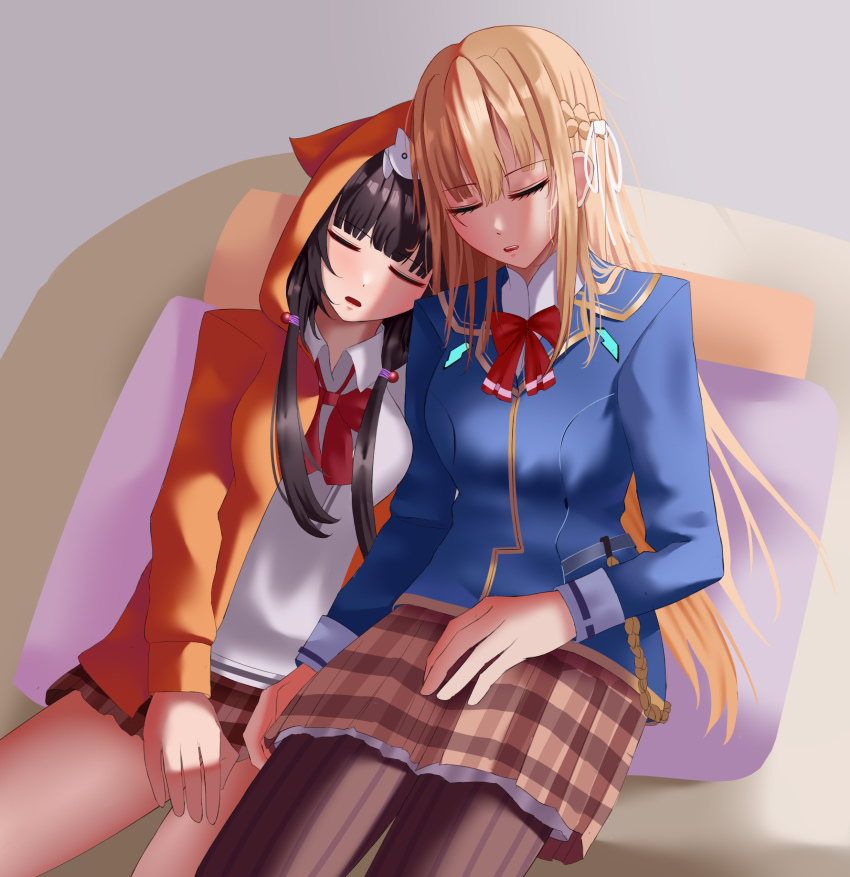 2girls, absurdres, asakura_karen_(heaven_burns_red), black_hair, blonde_hair, bow, bowtie, braid