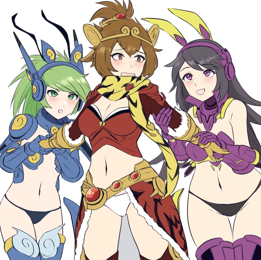 3girls, :d, animal_ear_headphones, animal_ears, animal_print, black_hair, black_panties, blue_gloves