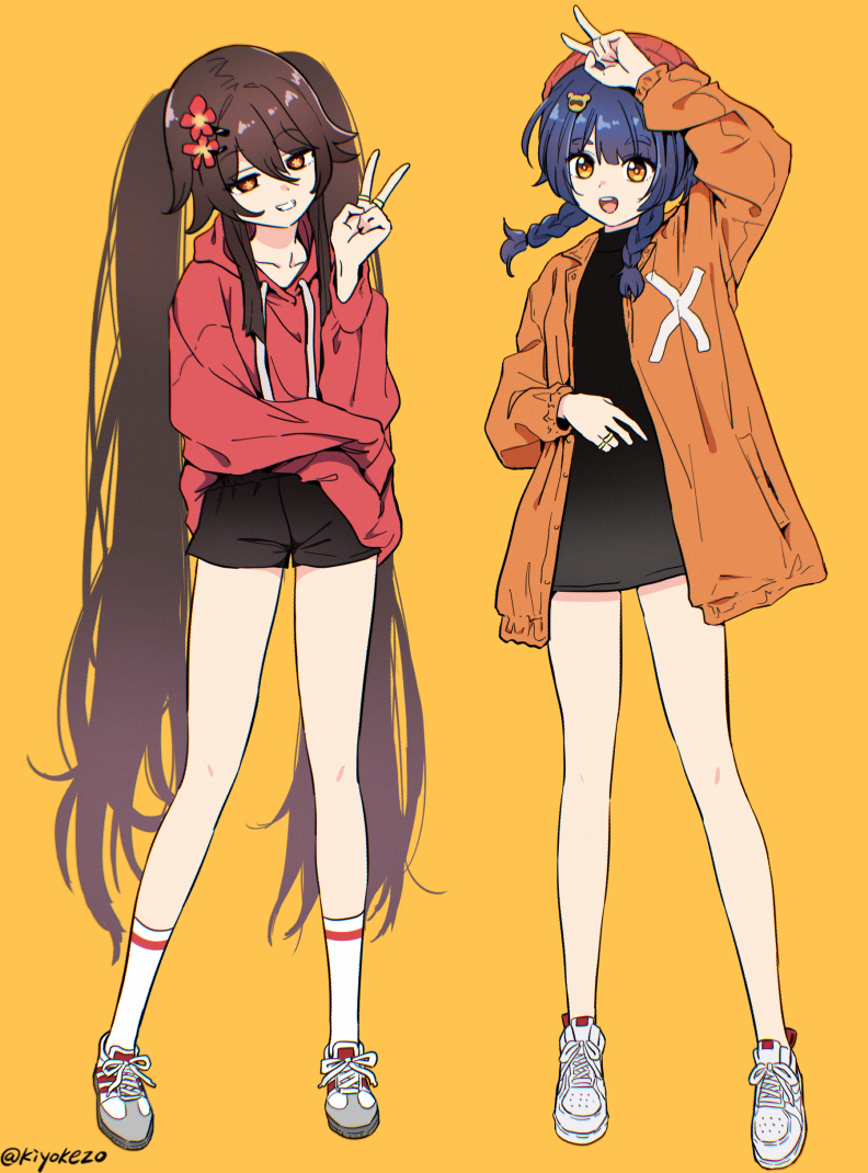 2girls, alternate_costume, black_shirt, black_shorts, blue_hair, braid, brown_hair, commentary_request