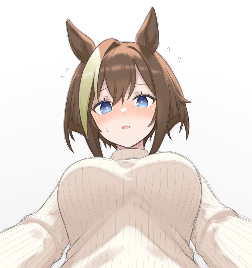 1girl, animal_ears, blue_eyes, blush, breasts, brown_hair, cheval_grand_(umamusume), commentary_request