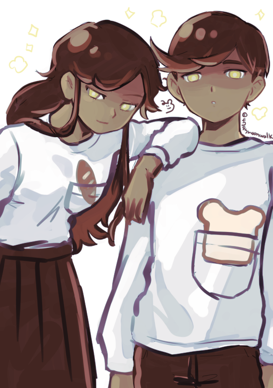 1boy, 1girl, 4747moonwalk, :o, arms_at_sides, baguette, bowen_(omori), bread