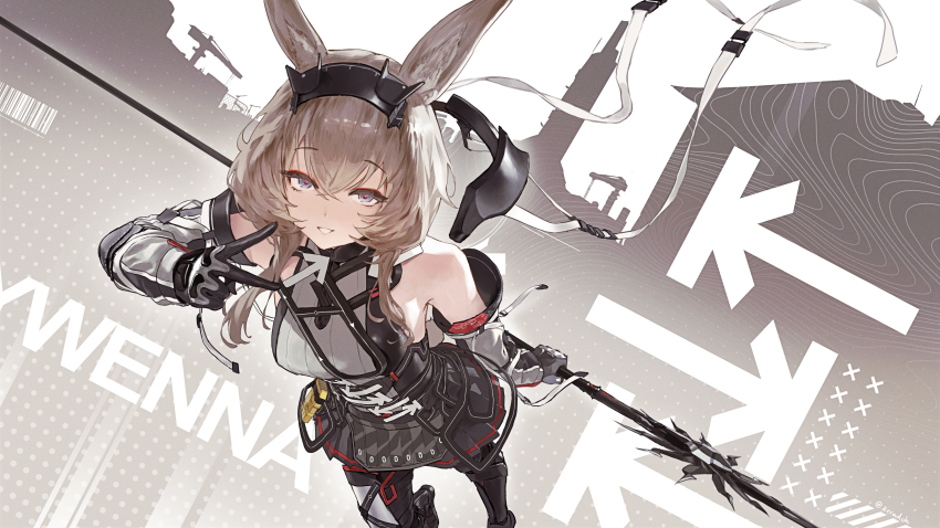 1girl, absurdres, animal_ear_fluff, animal_ears, arknights, arknights:_endfield, armored_legwear, avywenna_(arknights), bare_shoulders, black_gloves, black_hairband, black_skirt, blue_eyes, breasts, brown_eyes, brown_hair, cohesive_traction_(arknights), commentary, detached_sleeves, english_commentary, gloves, grey_hair, grey_shirt, hair_between_eyes, hairband, highres, holding, holding_behind_back, holding_polearm, holding_polearm_behind_back, holding_weapon, holding_weapon_behind_back, long_hair, looking_at_viewer, medium_breasts, parted_lips, polearm, rabbit_ears, rabbit_girl, shirt, short_hair, skirt, smile, solo, thighs, v, weapon, zeradok