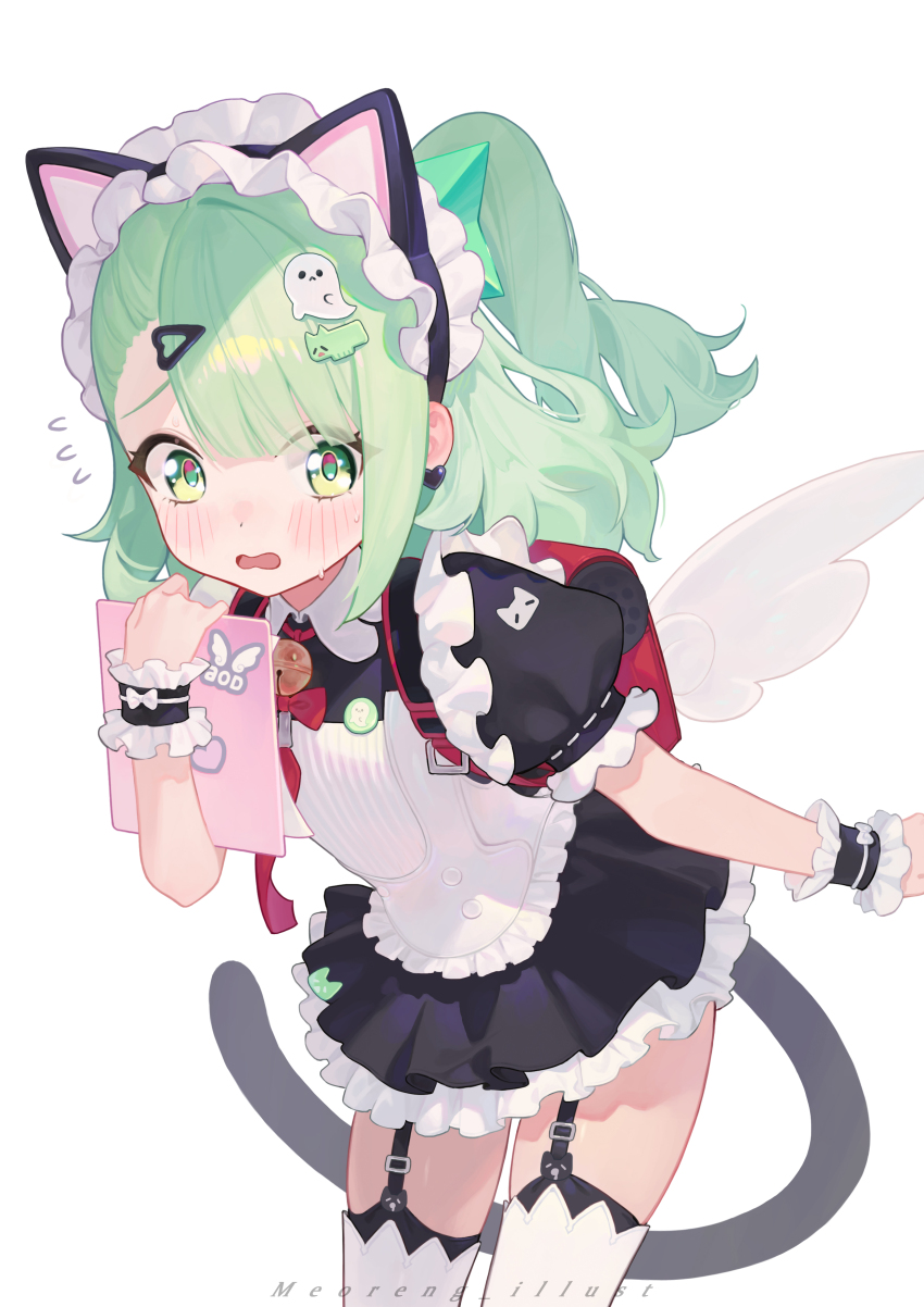 1girl, absurdres, animal_ear_hairband, animal_ears, black_dress, blush, cat_ear_hairband, cat_ears, cat_tail, commentary_request, dress, fake_animal_ears, garter_straps, green_eyes, green_hair, hair_ornament, hairband, hairclip, highres, leaning_forward, maid_headdress, meoreng_illust, official_alternate_costume, one_side_up, open_mouth, puffy_short_sleeves, puffy_sleeves, short_dress, short_sleeves, simple_background, solo, sunna_(afternoon_tea_break)_(zenless_zone_zero), sunna_(zenless_zone_zero), tail, thighhighs, white_background, white_thighhighs, white_wings, wings, zenless_zone_zero