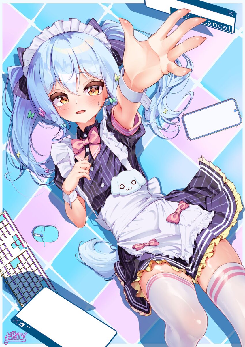 1boy, absurdres, apron, blue_hair, blush, bow, bowtie, cellphone