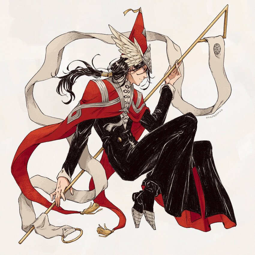 1boy, black_hair, cloak, commentary, easthies_(tongari_boushi_no_atelier), fingernails, full_body, hanpaopaoo, hat, highres, holding, holding_weapon, knights_moralis_uniform, long_hair, pants, pov, solo, tassel, tongari_boushi_no_atelier, weapon