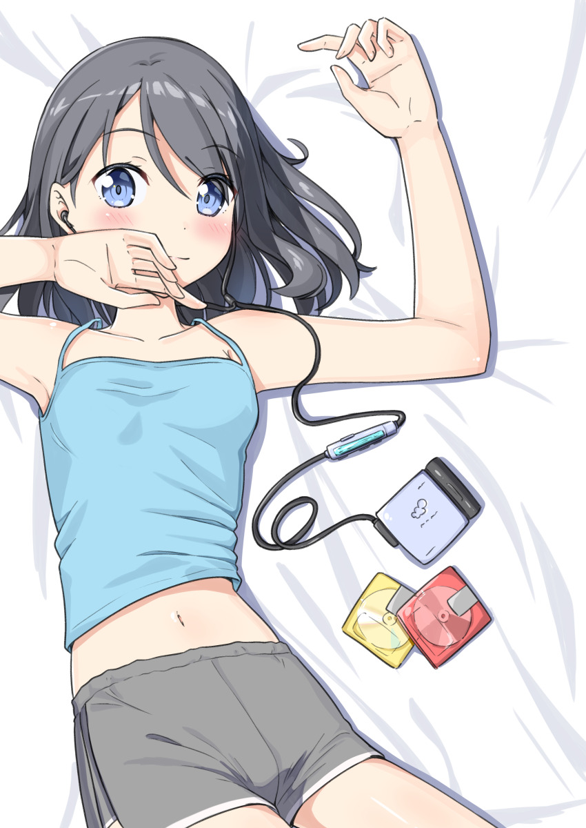 1girl, absurdres, armpits, bare_shoulders, bed_sheet, blue_camisole, blue_eyes, blush