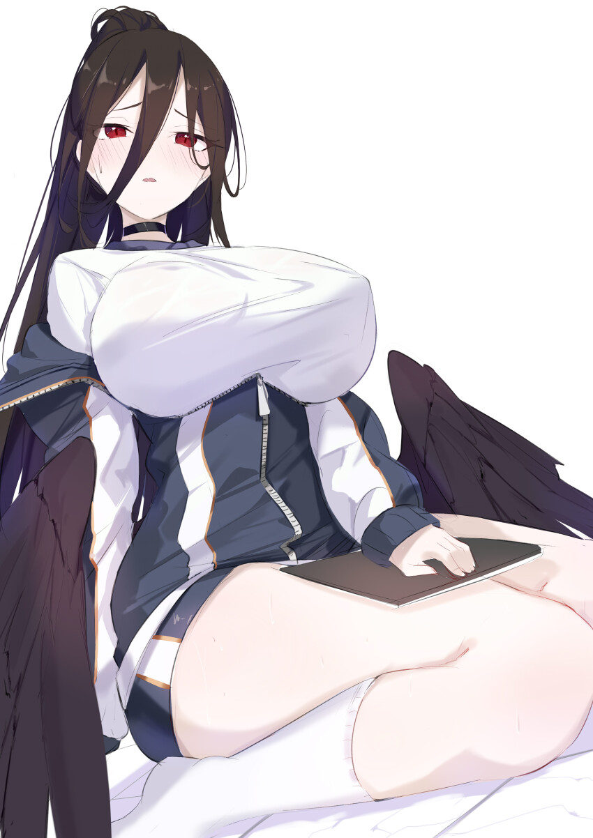 1girl, absurdres, black_choker, black_hair, black_wings, blue_archive, blue_jacket, blush