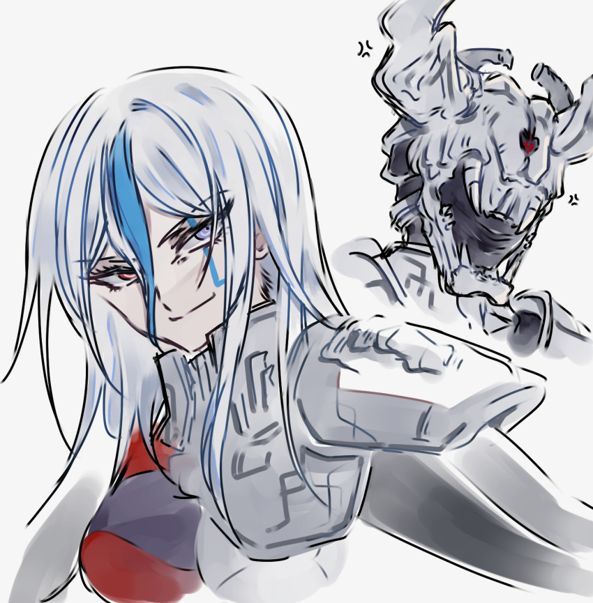 1boy, 1girl, 201_(yield), addamaque, armor, black_bodysuit, blue_hair, blue_streaks