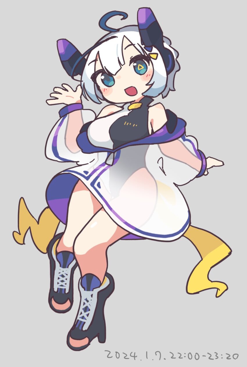 1girl, ahoge, back_ribbon, bare_shoulders, black_leotard, blue_streaks, boots, breasts