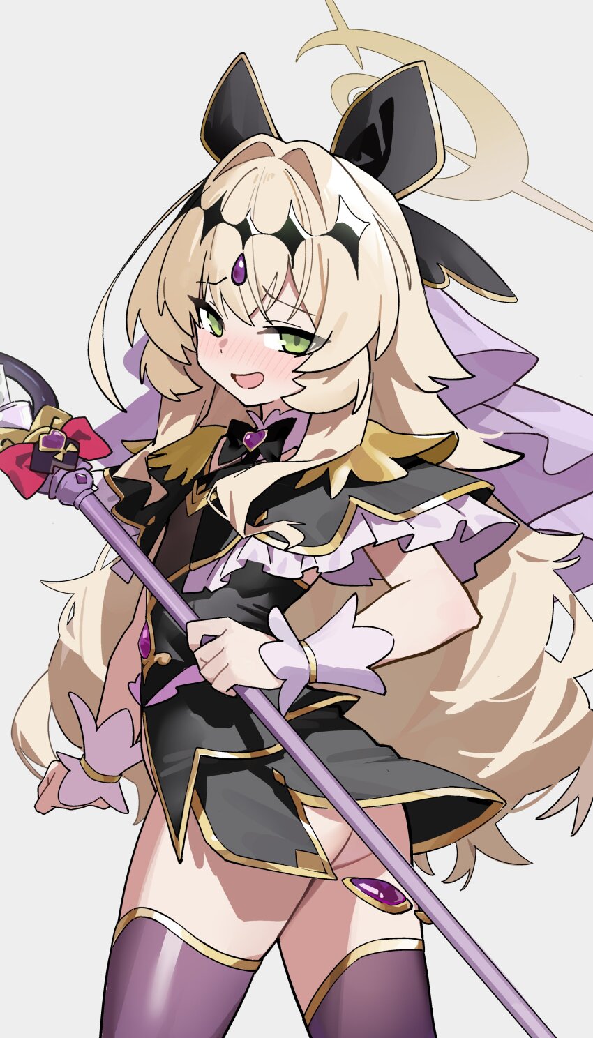 1girl, absurdres, black_capelet, black_dress, black_necktie, blonde_hair, blue_archive, blush, brooch, capelet, commentary, cosplay, cure_arcana_shadow, cure_arcana_shadow_(cosplay), dress, frilled_capelet, frills, green_eyes, hair_intakes, halo, hashtag-only_commentary, highres, holding, holding_staff, jewelry, kaminari_(edeath), long_hair, meitantei_precure!, necktie, open_mouth, precure, professor_niyaniya_(blue_archive), solo, staff, tear_arcana_rod, thighhighs, veil, very_long_hair, white_background, wrist_cuffs