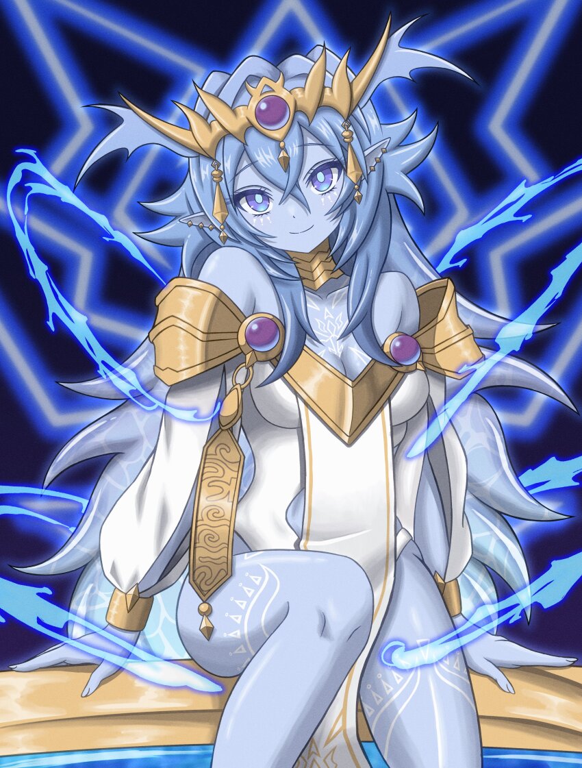 1girl, absurdres, assiette47, bare_shoulders, black_background, blue_eyes, blue_hair, blue_skin