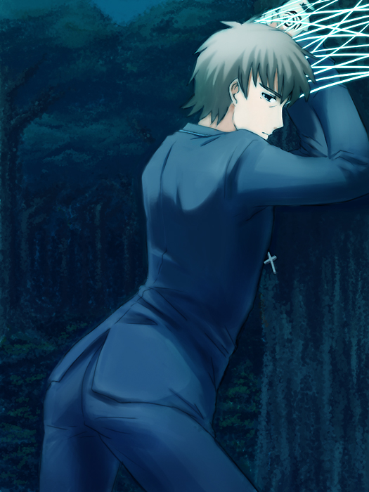 1boy, against_tree, ass, bound, brown_hair, command_spell, cross, drawfag