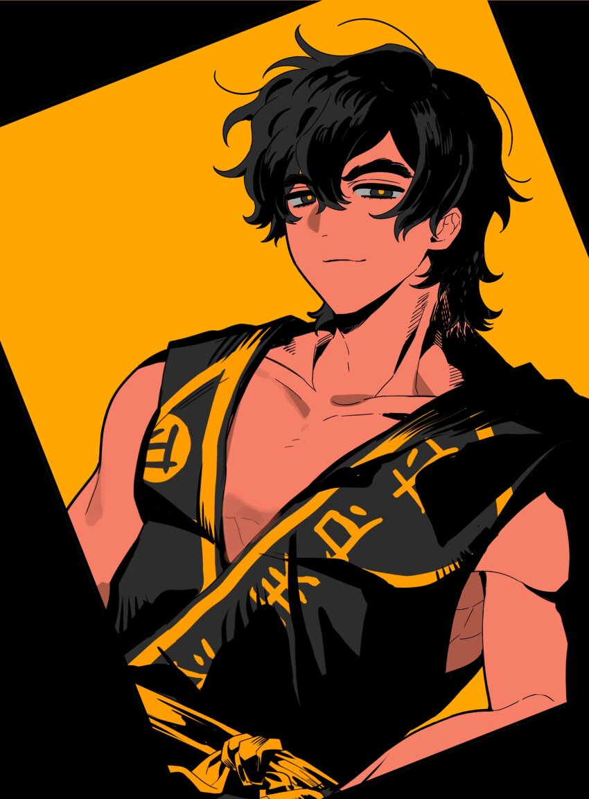 1boy, absurdres, animification, bad_id, bad_twitter_id, belt, black_border, black_dougi, black_eyes, black_hair, border, closed_mouth, cole_(ninjago), collarbone, commentary_request, dougi, hair_between_eyes, highres, korean_commentary, looking_at_viewer, male_focus, martial_arts_belt, muscular, muscular_male, nanunbab0da, ninjago, obliques, orange_belt, orange_pupils, pectorals, short_hair, simple_background, sleeveless, smile, solo, thick_eyebrows