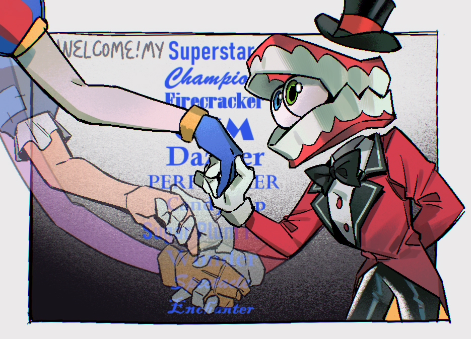 1girl, 2boys, 3hkowalski, arm_behind_back, black_background, black_bow, black_bowtie, black_pants