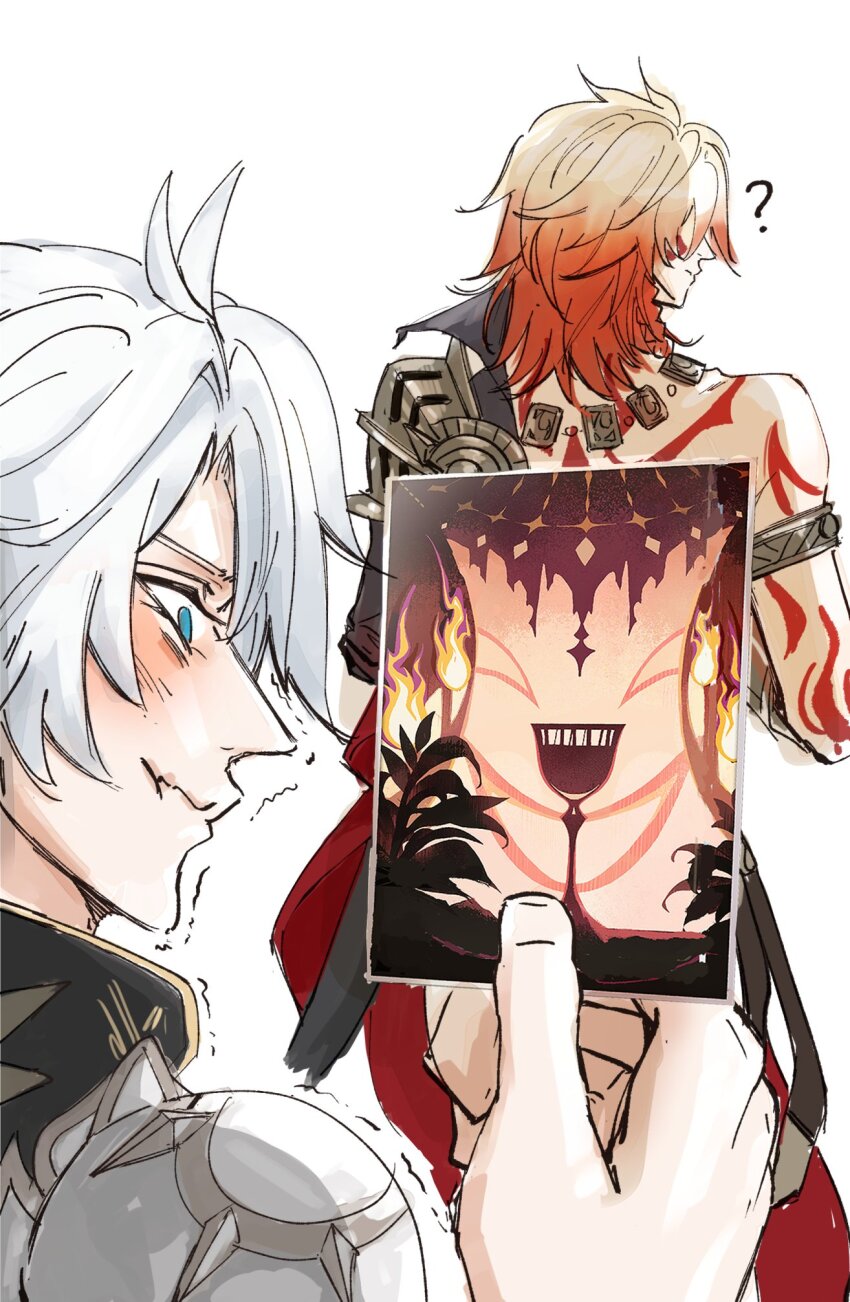 2boys, ?, armlet, blonde_hair, blue_eyes, card, from_behind, highres