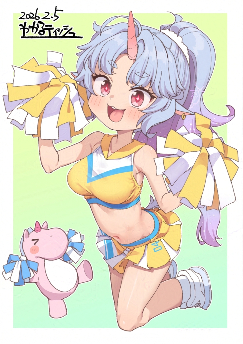+_+, 1girl, :d, adversarial_noise, animal_ear_piercing, animal_ears, armpits, artist_name, blue_hair, blush, border, breasts, cheering, cheerleader, dated, epica_(trickcal), gradient_background, gradient_hair, grey_background, hair_ornament, hair_scrunchie, hands_up, high_ponytail, highres, holding, holding_pom_poms, horns, kanabun, kneeling, long_hair, looking_at_viewer, medium_breasts, miniskirt, multicolored_hair, navel, open_mouth, oppai_loli, outside_border, pleated_skirt, pom_pom_(cheerleading), pom_poms, ponytail, purple_hair, red_eyes, scrunchie, shoes, single_horn, skirt, smile, sneakers, solo, stuffed_unicorn, teeth, tongue, trickcal, unicorn_girl, upper_teeth_only, variant_set, white_border, white_scrunchie, white_shoes, yellow_skirt