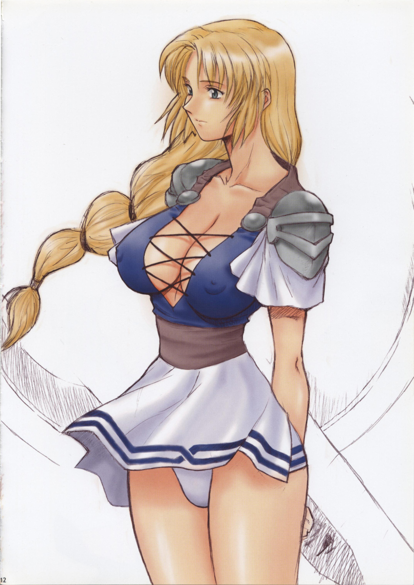absurdres, blonde_hair, breasts, cleavage, highres, large_breasts, long_hair, momoi_nanabei, panties, ponytail, skirt, sophitia_alexandra, soul_calibur, soulcalibur_i, underwear