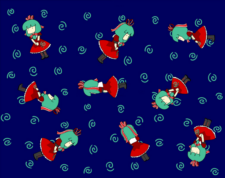 ._., 1girl, black_eyes, chibi, dress, female_focus, front_ponytail, green_hair