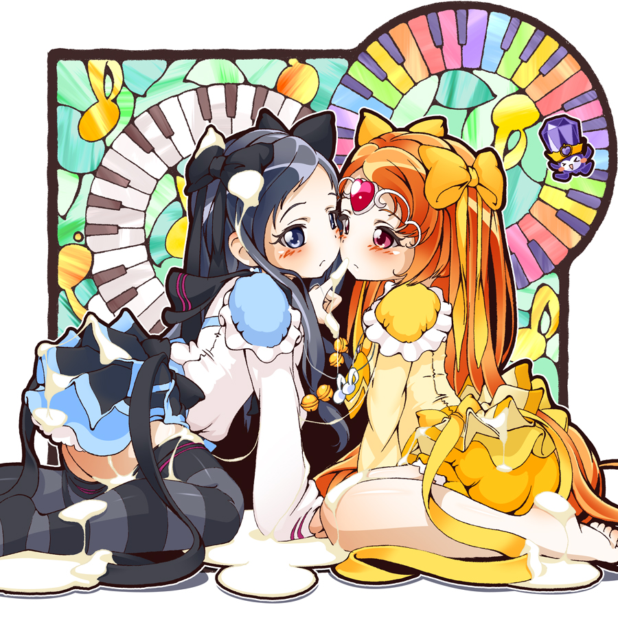 10s, 2girls, ao_yasai, barefoot, black_eyes, black_hair, black_legwear, bow, bubble_skirt, circlet, cure_muse, cure_muse_(yellow), dodory, dress, eyelashes, frills, hair_ribbon, heart, instrument, kneeling, long_hair, magical_girl, multiple_girls, orange_hair, piano, precure, rainbow, rainbow_order, red_eyes, ribbon, sexually_suggestive, shirabe_ako, skirt, striped_clothes, striped_legwear, striped_thighhighs, suite_precure, suzu_(suite_precure), thighhighs, yellow_bow