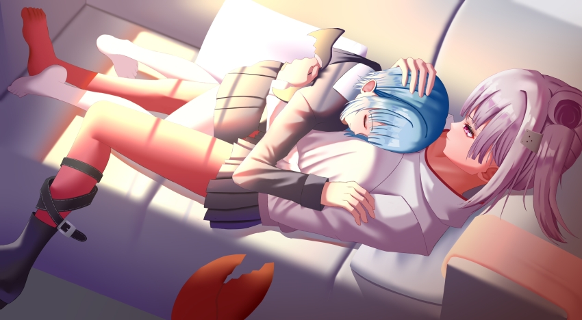 2girls, absurdres, blue_hair, bungo_yayoi, commentary_request, couch, crab, grey_hair