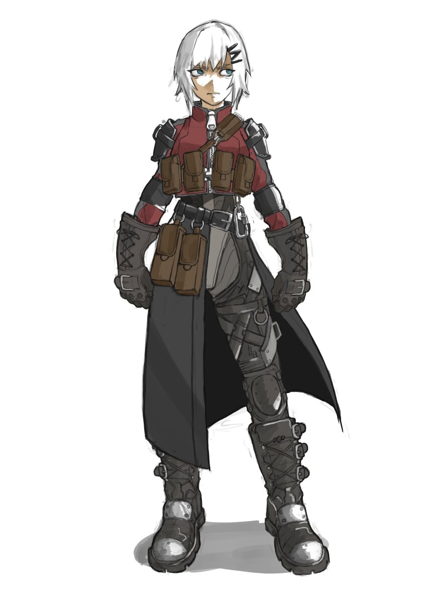 1girl, absurdres, ammunition_pouch, aqua_eyes, armor, belt, black_bodysuit, black_coat