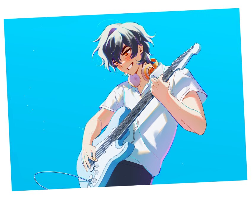 1boy, absurdres, alternate_costume, animification, bad_id, bad_twitter_id, black_hair, black_pants, blue_background, blush, border, cole_(ninjago), collared_shirt, cowboy_shot, electric_guitar, grin, guitar, hair_between_eyes, headphones, headphones_around_neck, highres, holding, holding_instrument, holding_plectrum, instrument, male_focus, music, nanunbab0da, ninjago, orange_eyes, pants, playing_instrument, plectrum, shirt, short_hair, short_sleeves, simple_background, smile, solo, sweat, white_border, white_shirt, wing_collar