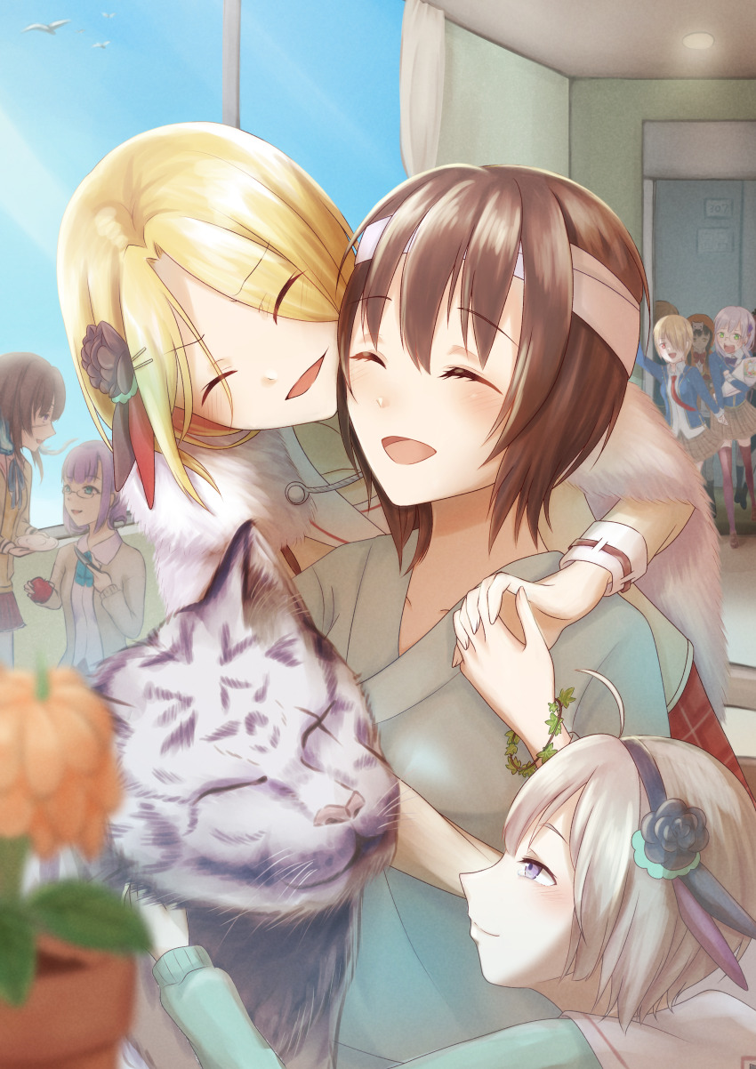 6+girls, absurdres, aoi_erika, asakura_karen_(heaven_burns_red), bandaged_head, bandages, blonde_hair, bracelet