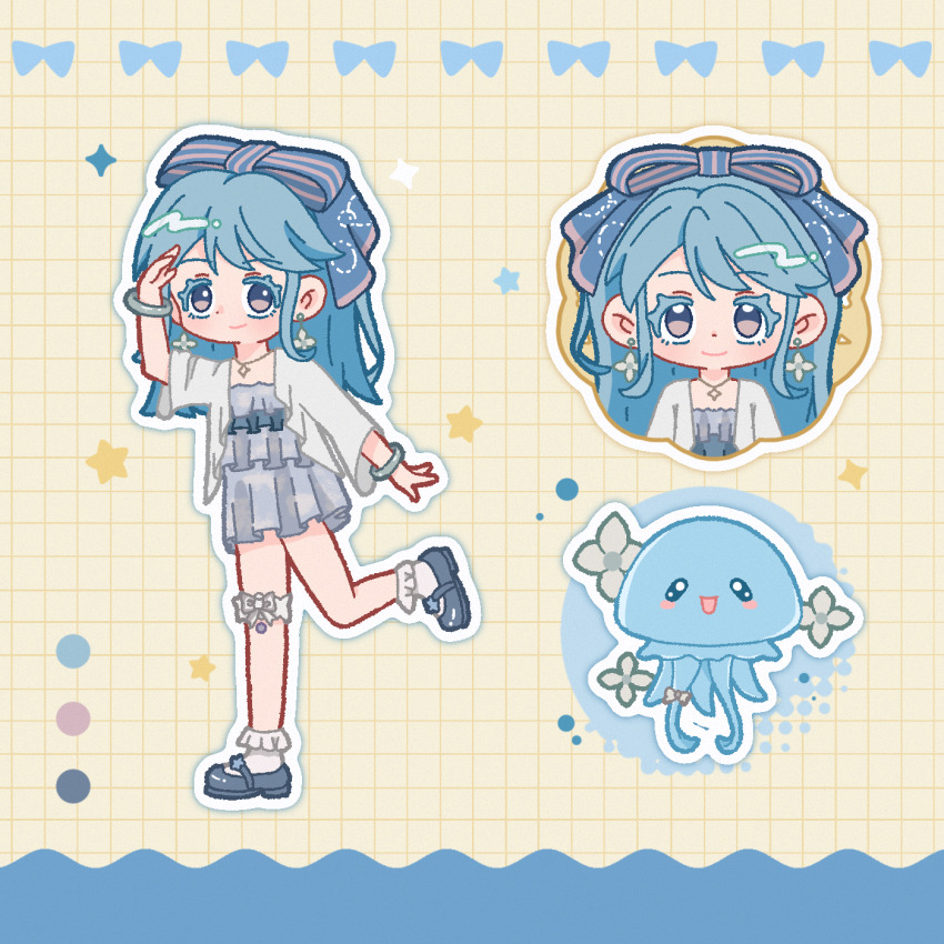 1girl, blue_hair, blue_ribbon, blue_shoes, bow, bracelet, brown_eyes, bubble_print