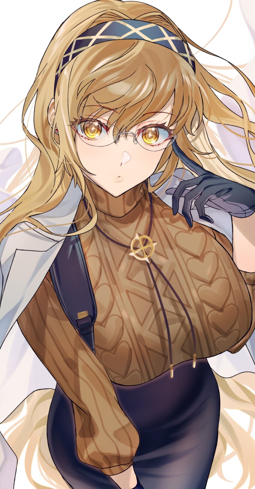 1girl, black_gloves, black_skirt, blonde_hair, breasts, brown_shirt, commentary_request, cow_(shadow)