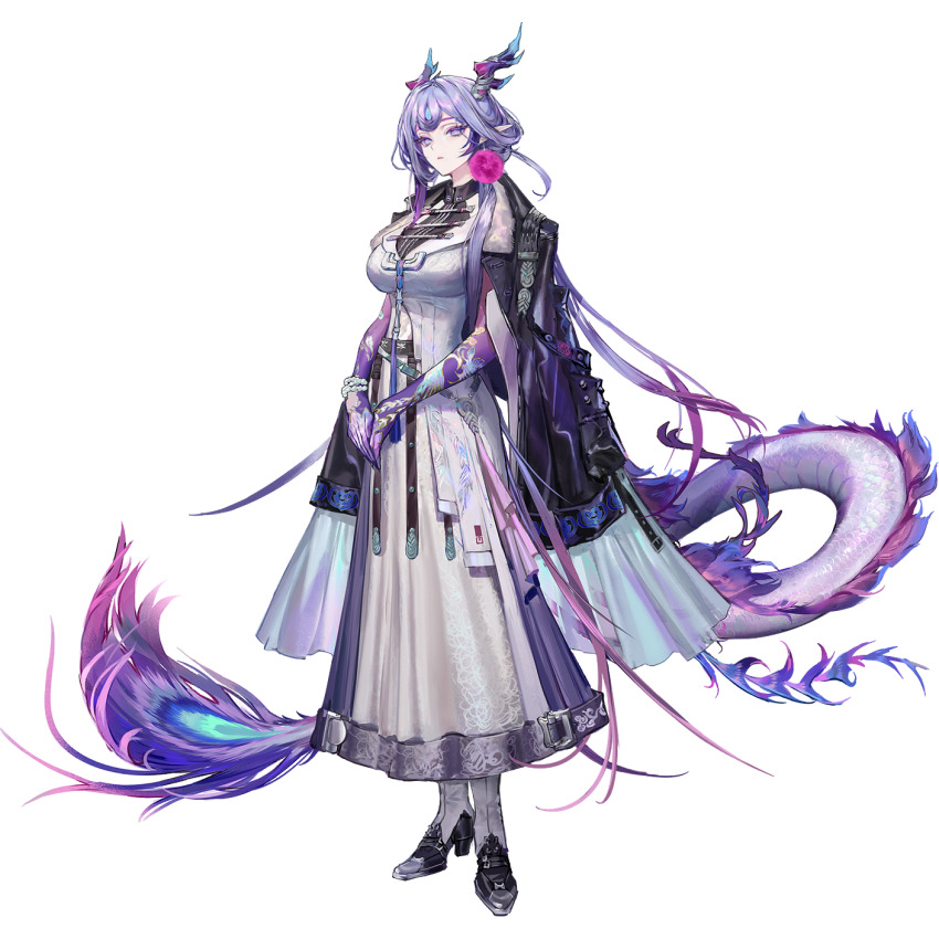 1girl, arknights, black_jacket, black_shoes, boots, breasts, colored_skin, dragon_girl