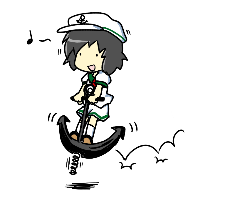 ._., 1girl, :d, anchor, black_eyes, black_hair, bouncing, chibi, female_focus, happy, hat, murasa_minamitsu, musical_note, no_nose, open_mouth, pogo_stick, pon_(0737), sailor_hat, short_hair, simple_background, smile, solo, touhou