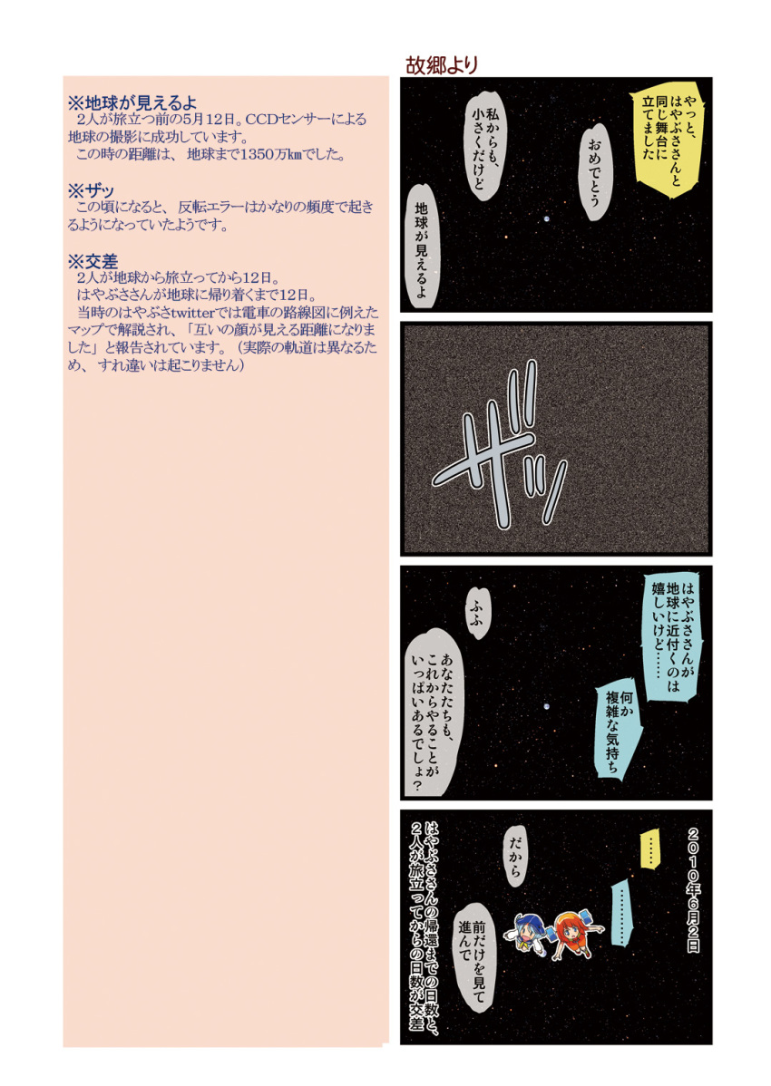 2girls, 4koma, akatsuki_(spacecraft), blue_hair, comic, dei_shirou, hat, highres