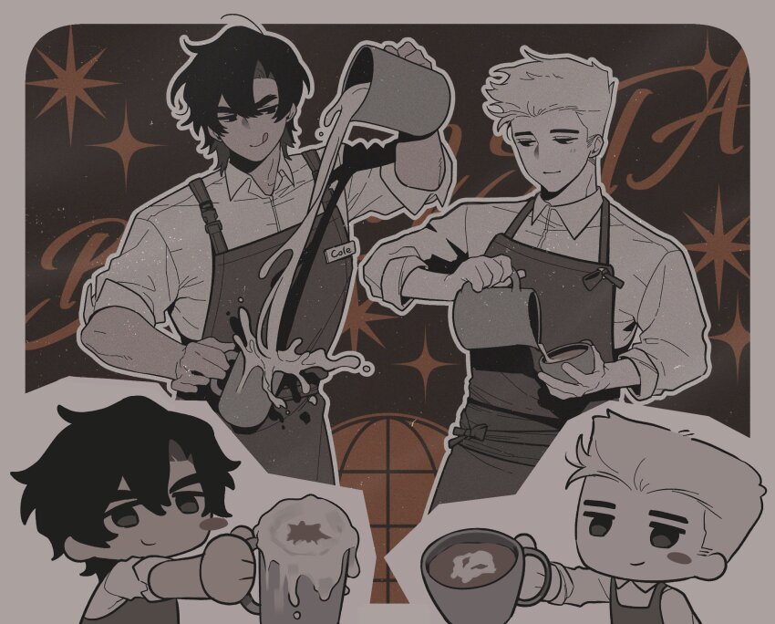 2boys, :q, animification, apron, blush_stickers, border, brown_background, character_name, chibi, chibi_inset, closed_mouth, coffee, cole_(ninjago), collared_shirt, commentary, cup, curtained_hair, dark-skinned_male, dark_skin, decantering, english_text, film_grain, greyscale_with_colored_background, hair_between_eyes, highres, holding, holding_cup, korean_commentary, latte_art, long_sleeves, male_focus, mug, multiple_boys, name_tag, nanunbab0da, ninjago, outline, outside_border, pouring, shirt, short_hair, single_blush_sticker, smile, sparkle_background, spot_color, text_background, thick_eyebrows, tongue, tongue_out, white_border, white_outline, wing_collar, zane_(ninjago)