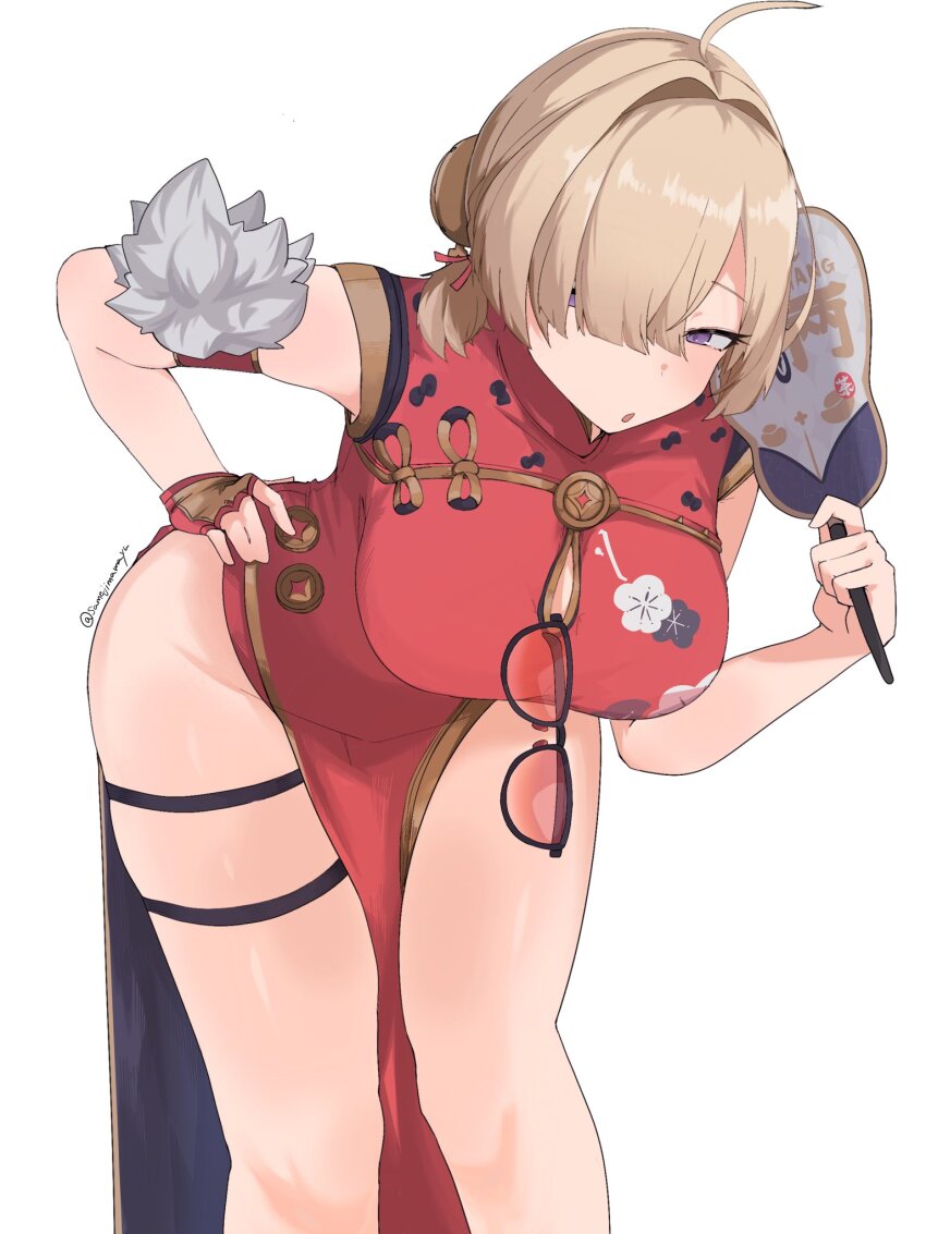 1girl, ahoge, alternate_costume, bare_legs, bent_over, blonde_hair, breasts, china_dress