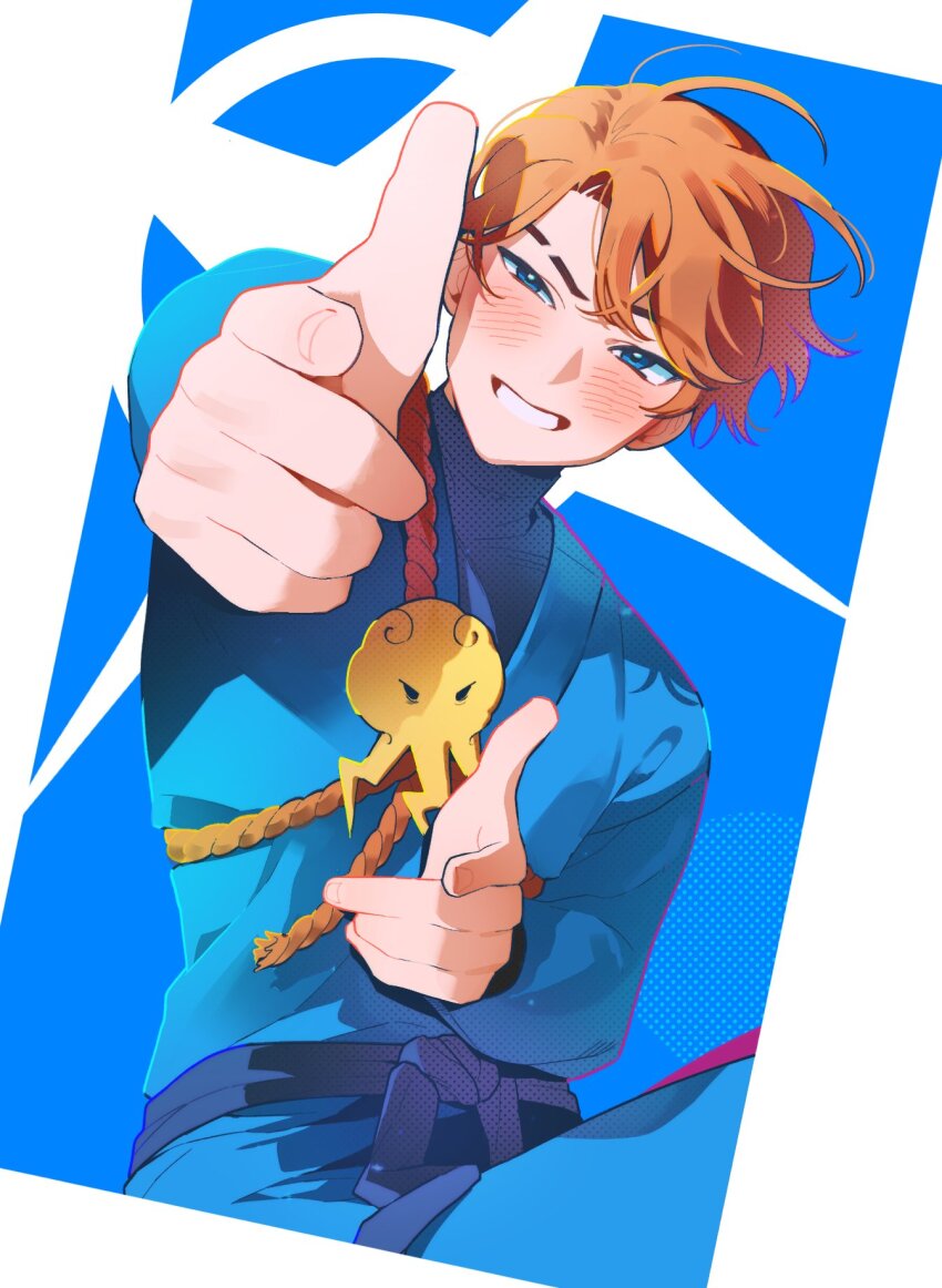 1boy, animification, bad_id, bad_twitter_id, belt, blue_background, blue_belt, blue_dougi