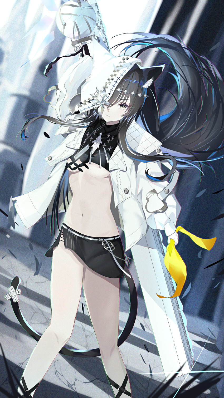 absurdres, animal_ears, black_hair, black_skirt, black_tail, breasts, cat_tail, character_request